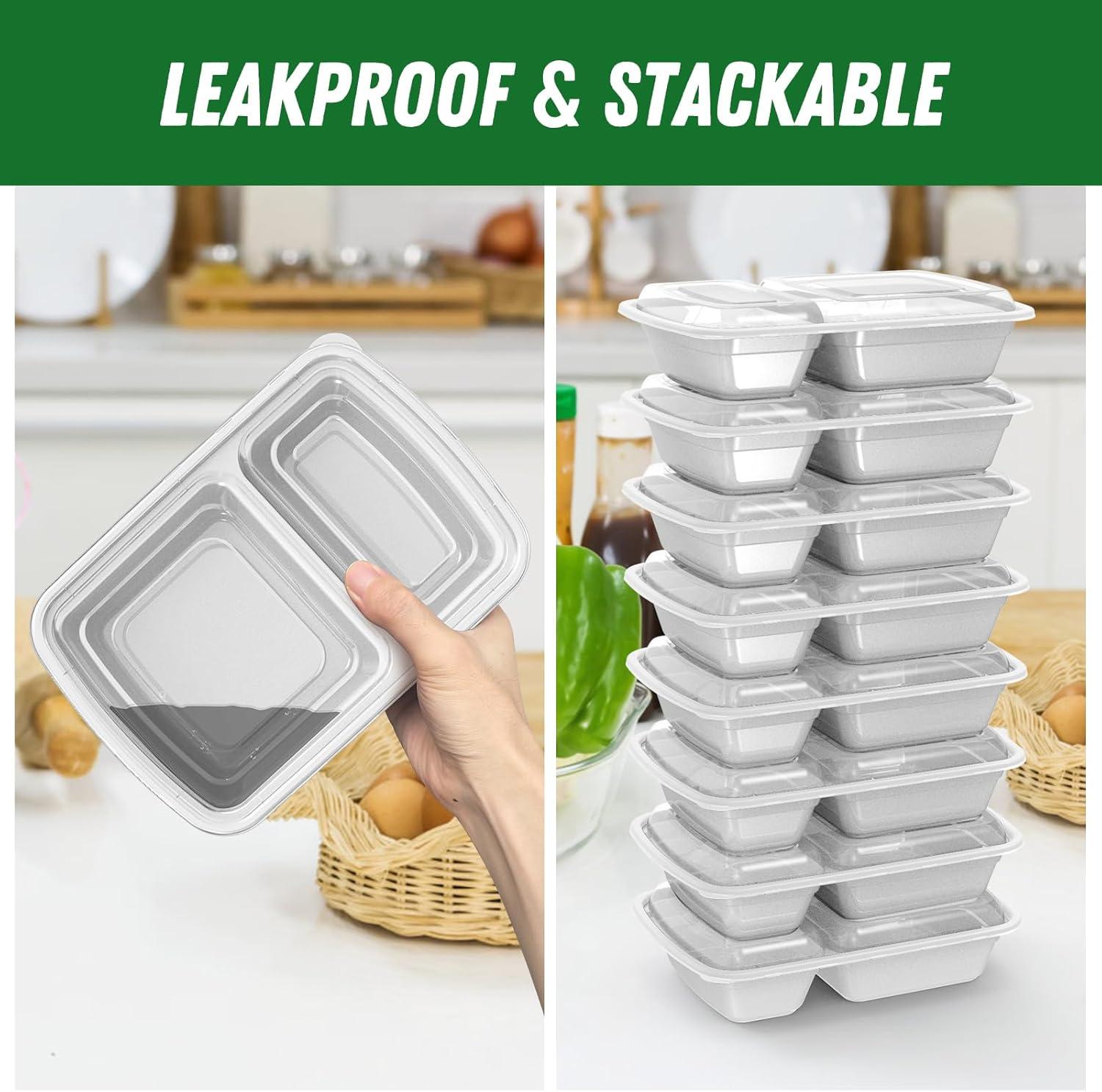50 Pack (100-Piece) 28 oz Meal Prep Containers Reusable with Lids 2-Compartment, Sturdy Leakproof Food Safe, Microwave Freezer Dishwasher Safe, To Go Take Out Plastic Food Storage, Lilac(Silver)