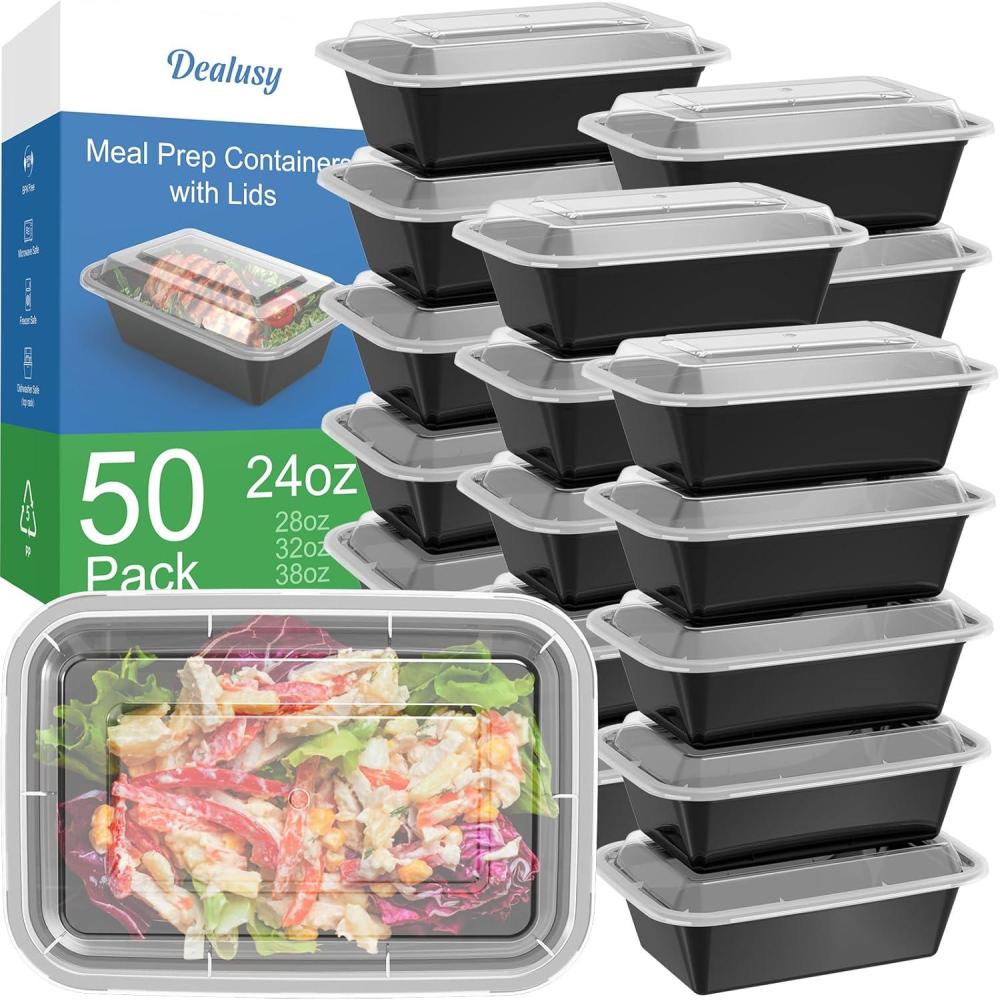50 Pack (100-Piece) 32 oz Meal Prep Containers Reusable with Lids, Sturdy Leakproof & Food Safe, Microwave, Freezer, Dishwasher Safe Prep Containers, To Go Take Out Plastic Food Storage(24 oz)