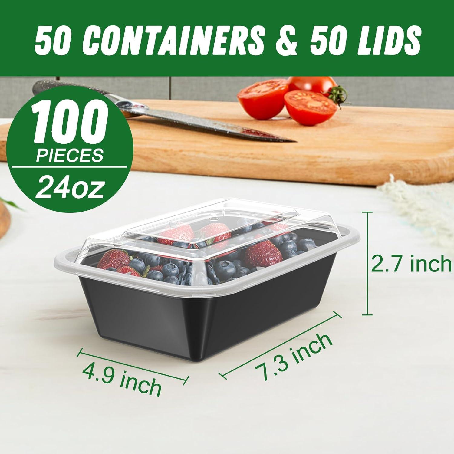 50 Pack (100-Piece) 32 oz Meal Prep Containers Reusable with Lids, Sturdy Leakproof & Food Safe, Microwave, Freezer, Dishwasher Safe Prep Containers, To Go Take Out Plastic Food Storage(24 oz)