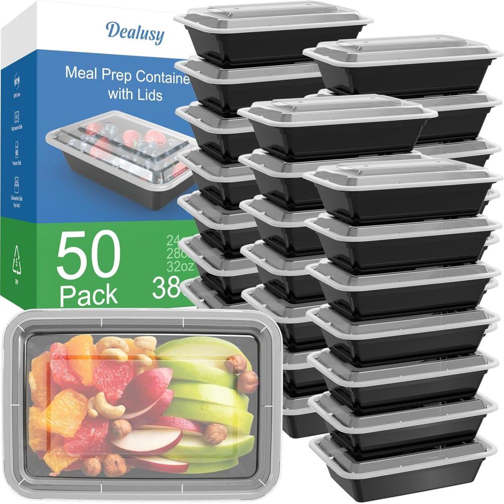 50 Pack (100-Piece) 32 oz Meal Prep Containers Reusable with Lids, Sturdy Leakproof & Food Safe, Microwave, Freezer, Dishwasher Safe Prep Containers, To Go Take Out Plastic Food Storage(38 oz)
