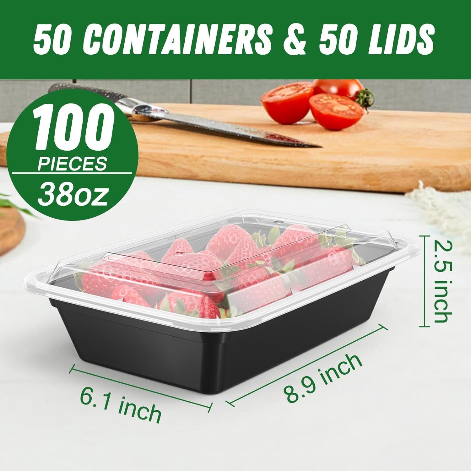 50 Pack (100-Piece) 32 oz Meal Prep Containers Reusable with Lids, Sturdy Leakproof & Food Safe, Microwave, Freezer, Dishwasher Safe Prep Containers, To Go Take Out Plastic Food Storage(38 oz)