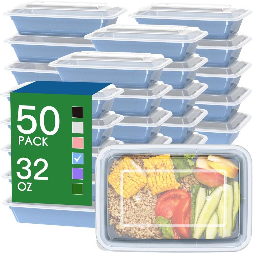 50 Pack (100-Piece) 32 oz Meal Prep Containers Reusable with Easy Open Lids, Sturdy Leakproof Food Safe, Microwave Freezer Dishwasher Safe, To Go Take Out Plastic Food Storage Pans with Lids, Black(Blue)