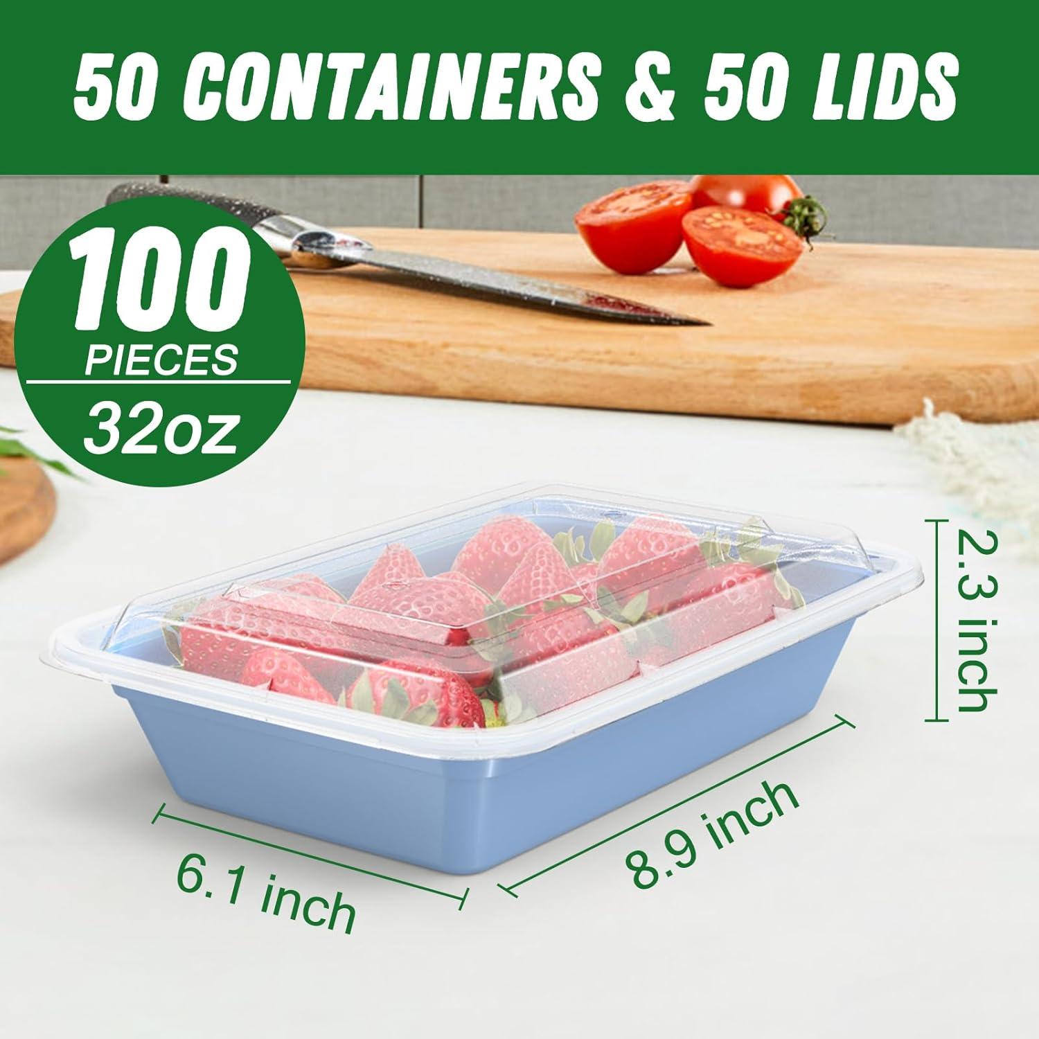 50 Pack (100-Piece) 32 oz Meal Prep Containers Reusable with Easy Open Lids, Sturdy Leakproof Food Safe, Microwave Freezer Dishwasher Safe, To Go Take Out Plastic Food Storage Pans with Lids, Black(Blue)