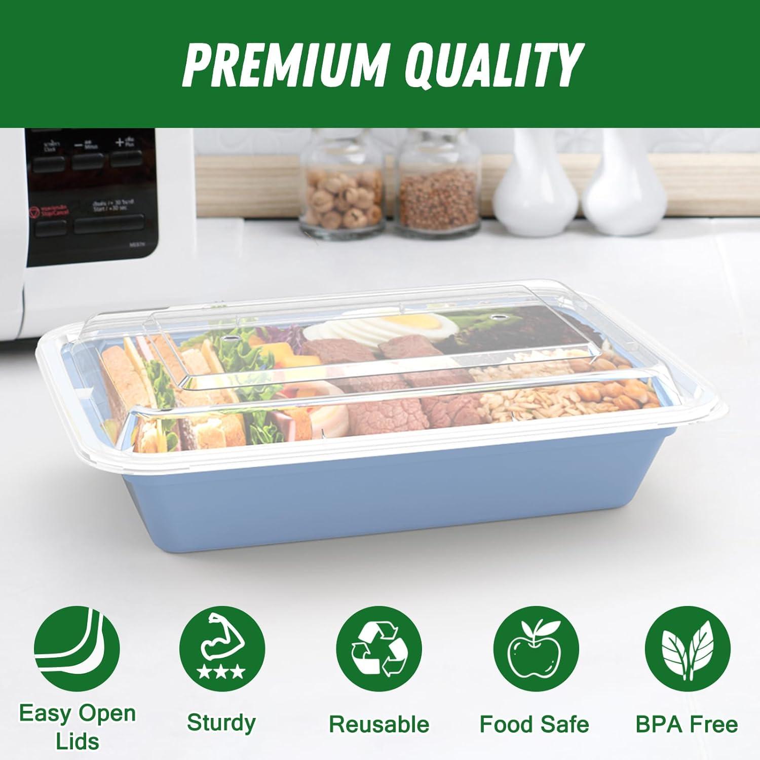 50 Pack (100-Piece) 32 oz Meal Prep Containers Reusable with Easy Open Lids, Sturdy Leakproof Food Safe, Microwave Freezer Dishwasher Safe, To Go Take Out Plastic Food Storage Pans with Lids, Black(Blue)