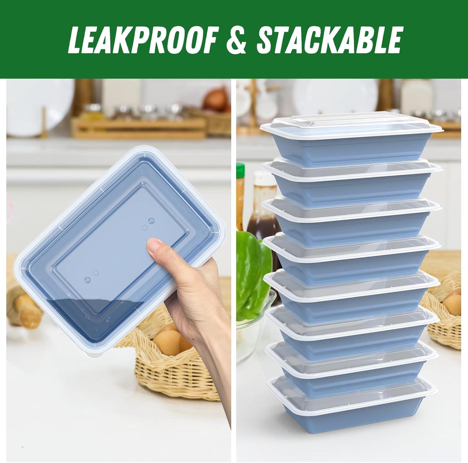 50 Pack (100-Piece) 32 oz Meal Prep Containers Reusable with Easy Open Lids, Sturdy Leakproof Food Safe, Microwave Freezer Dishwasher Safe, To Go Take Out Plastic Food Storage Pans with Lids, Black(Blue)