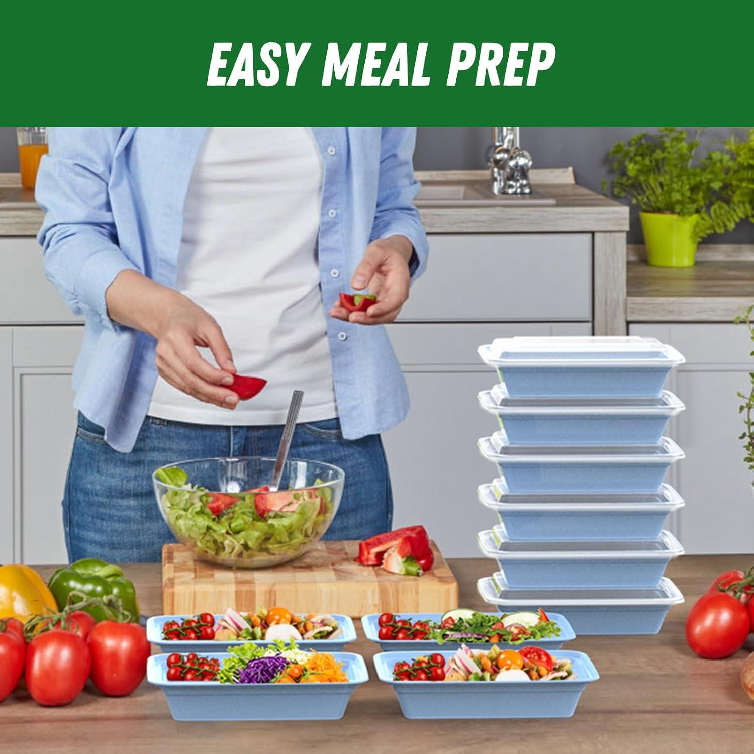 50 Pack (100-Piece) 32 oz Meal Prep Containers Reusable with Easy Open Lids, Sturdy Leakproof Food Safe, Microwave Freezer Dishwasher Safe, To Go Take Out Plastic Food Storage Pans with Lids, Black(Blue)
