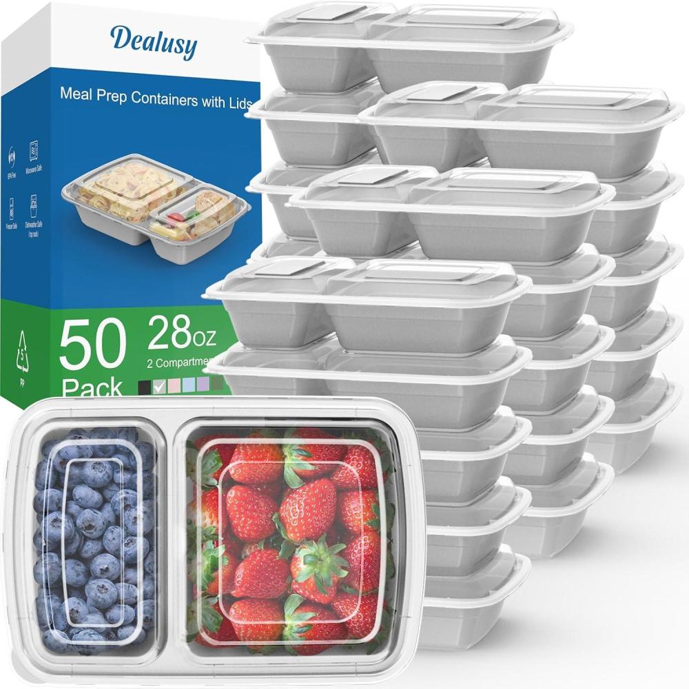 50 Pack (100-Piece) 28 oz Meal Prep Containers Reusable with Lids 2-Compartment, Sturdy Leakproof Food Safe, Microwave Freezer Dishwasher Safe, To Go Take Out Plastic Food Storage, Black(Silver)
