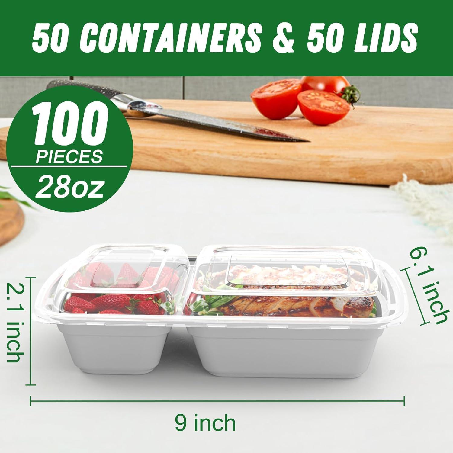 50 Pack (100-Piece) 28 oz Meal Prep Containers Reusable with Lids 2-Compartment, Sturdy Leakproof Food Safe, Microwave Freezer Dishwasher Safe, To Go Take Out Plastic Food Storage, Black(Silver)