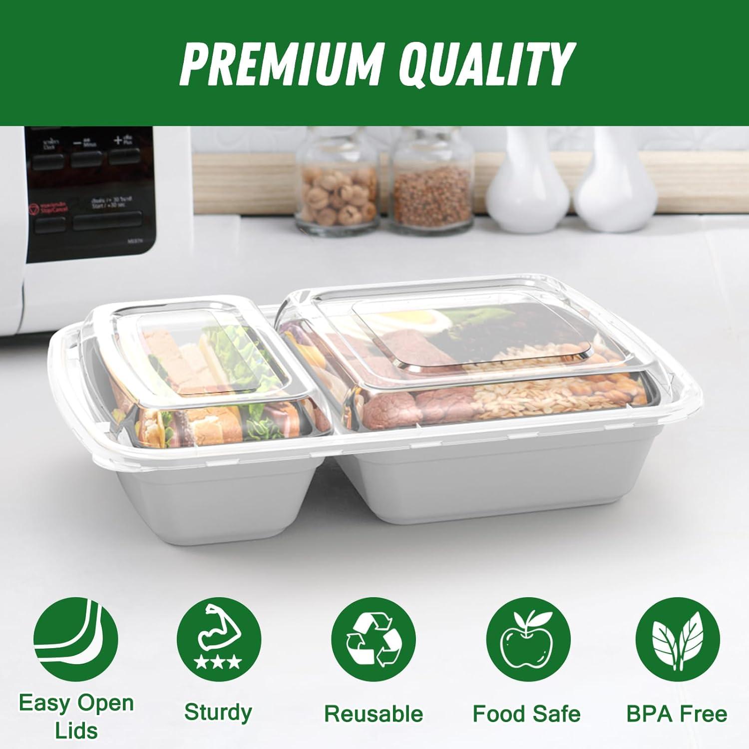 50 Pack (100-Piece) 28 oz Meal Prep Containers Reusable with Lids 2-Compartment, Sturdy Leakproof Food Safe, Microwave Freezer Dishwasher Safe, To Go Take Out Plastic Food Storage, Black(Silver)