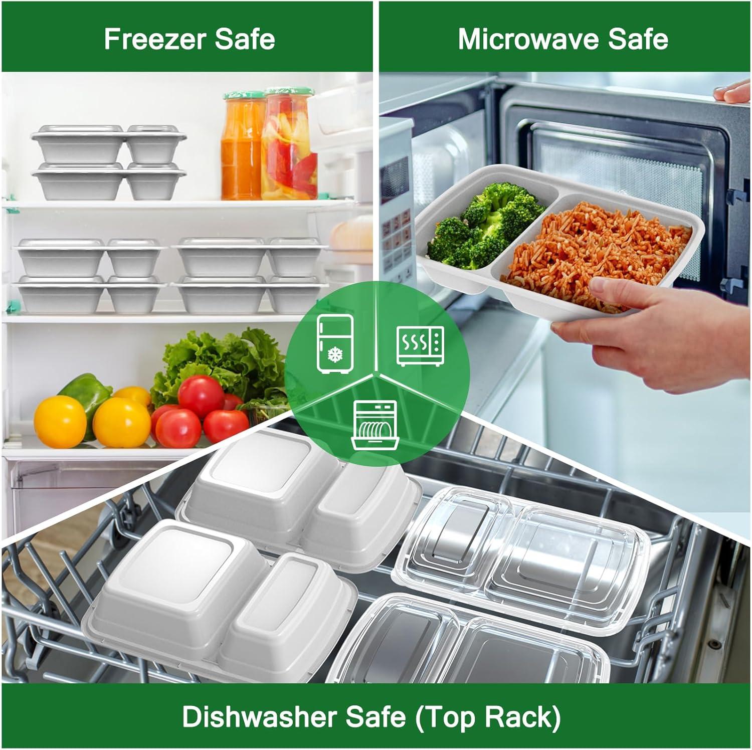 50 Pack (100-Piece) 28 oz Meal Prep Containers Reusable with Lids 2-Compartment, Sturdy Leakproof Food Safe, Microwave Freezer Dishwasher Safe, To Go Take Out Plastic Food Storage, Black(Silver)