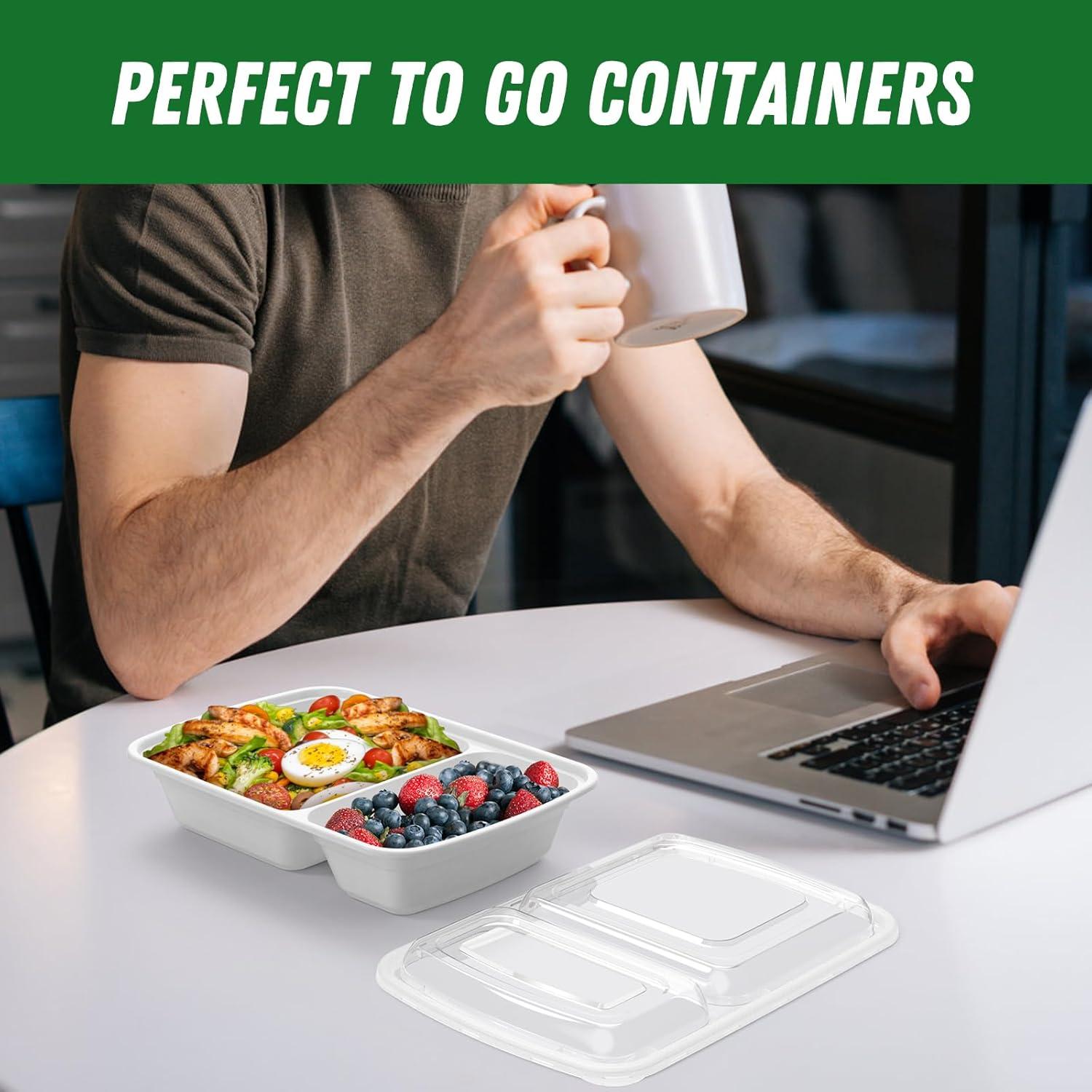50 Pack (100-Piece) 28 oz Meal Prep Containers Reusable with Lids 2-Compartment, Sturdy Leakproof Food Safe, Microwave Freezer Dishwasher Safe, To Go Take Out Plastic Food Storage, Black(Silver)