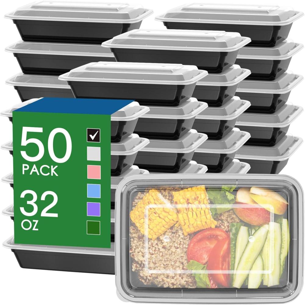 50 Pack (100-Piece) 32 oz Meal Prep Containers Reusable with Easy Open Lids, Sturdy Leakproof Food Safe, Microwave Freezer Dishwasher Safe, To Go Take Out Plastic Food Storage Pans with Lids, Black(Black)