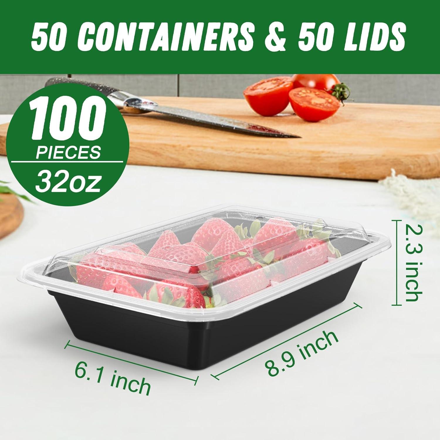 50 Pack (100-Piece) 32 oz Meal Prep Containers Reusable with Easy Open Lids, Sturdy Leakproof Food Safe, Microwave Freezer Dishwasher Safe, To Go Take Out Plastic Food Storage Pans with Lids, Black(Black)