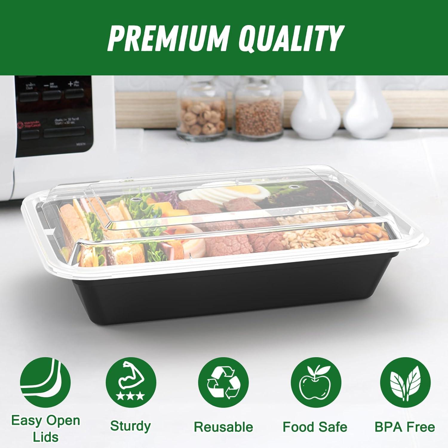 50 Pack (100-Piece) 32 oz Meal Prep Containers Reusable with Easy Open Lids, Sturdy Leakproof Food Safe, Microwave Freezer Dishwasher Safe, To Go Take Out Plastic Food Storage Pans with Lids, Black(Black)