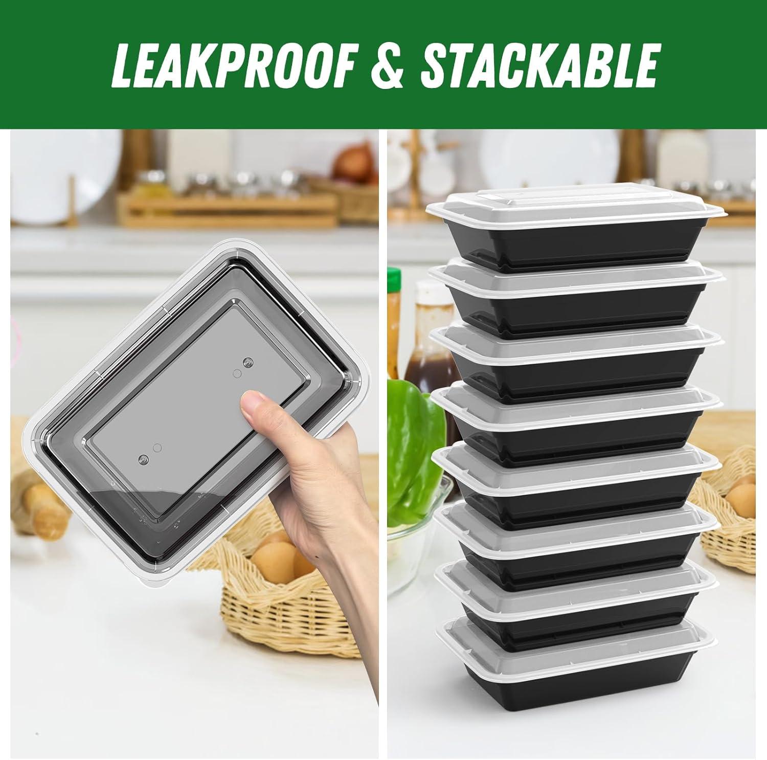 50 Pack (100-Piece) 32 oz Meal Prep Containers Reusable with Easy Open Lids, Sturdy Leakproof Food Safe, Microwave Freezer Dishwasher Safe, To Go Take Out Plastic Food Storage Pans with Lids, Black(Black)