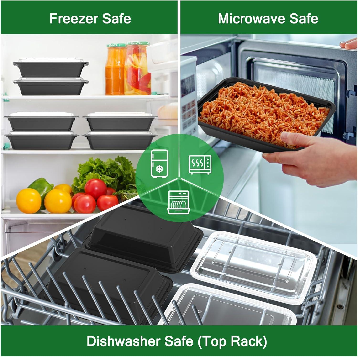 50 Pack (100-Piece) 32 oz Meal Prep Containers Reusable with Easy Open Lids, Sturdy Leakproof Food Safe, Microwave Freezer Dishwasher Safe, To Go Take Out Plastic Food Storage Pans with Lids, Black(Black)