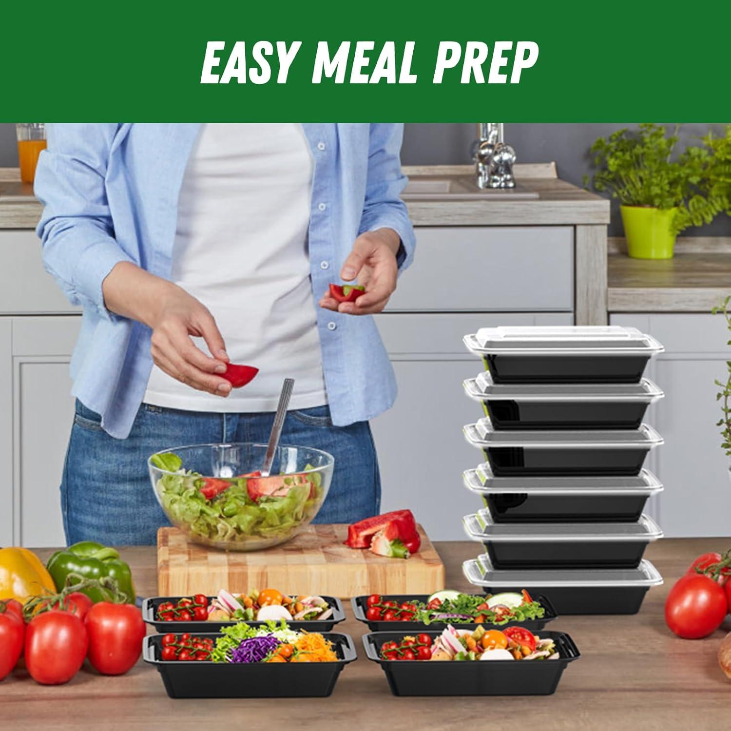50 Pack (100-Piece) 32 oz Meal Prep Containers Reusable with Easy Open Lids, Sturdy Leakproof Food Safe, Microwave Freezer Dishwasher Safe, To Go Take Out Plastic Food Storage Pans with Lids, Black(Black)