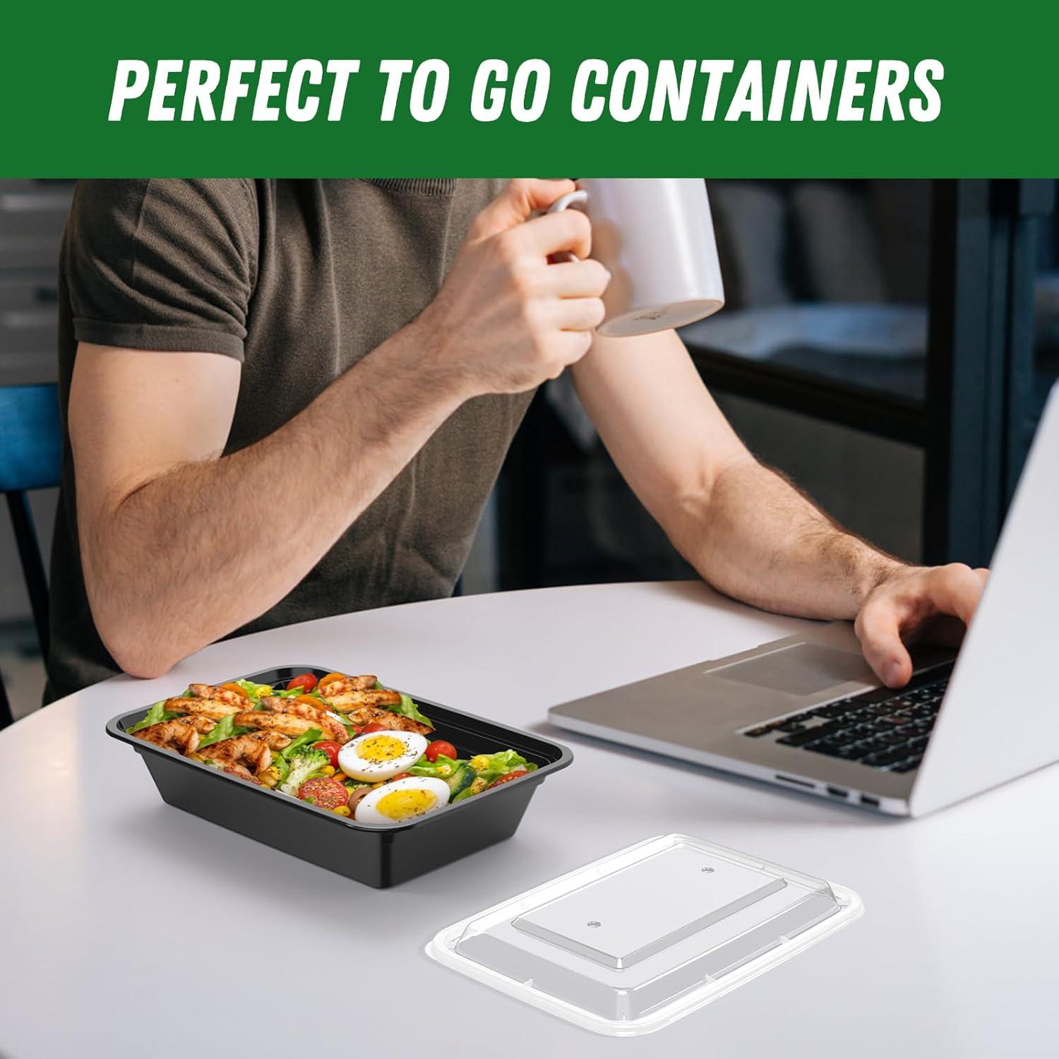 50 Pack (100-Piece) 32 oz Meal Prep Containers Reusable with Easy Open Lids, Sturdy Leakproof Food Safe, Microwave Freezer Dishwasher Safe, To Go Take Out Plastic Food Storage Pans with Lids, Black(Black)