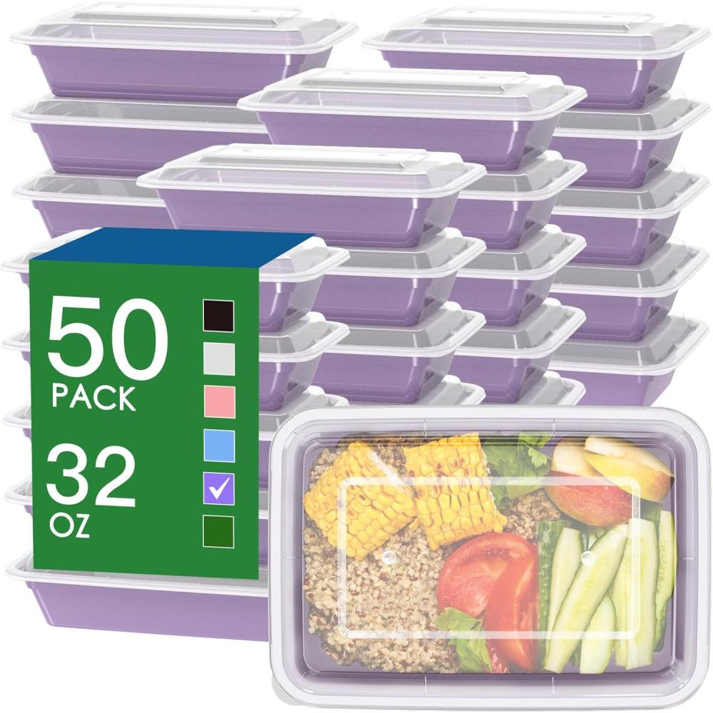 50 Pack (100-Piece) 32 oz Meal Prep Containers Reusable with Easy Open Lids, Sturdy Leakproof Food Safe, Microwave Freezer Dishwasher Safe, To Go Take Out Plastic Food Storage Pans with Lids, Black(Lilac)