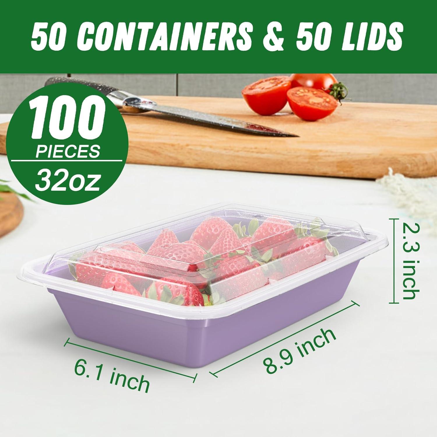 50 Pack (100-Piece) 32 oz Meal Prep Containers Reusable with Easy Open Lids, Sturdy Leakproof Food Safe, Microwave Freezer Dishwasher Safe, To Go Take Out Plastic Food Storage Pans with Lids, Black(Lilac)