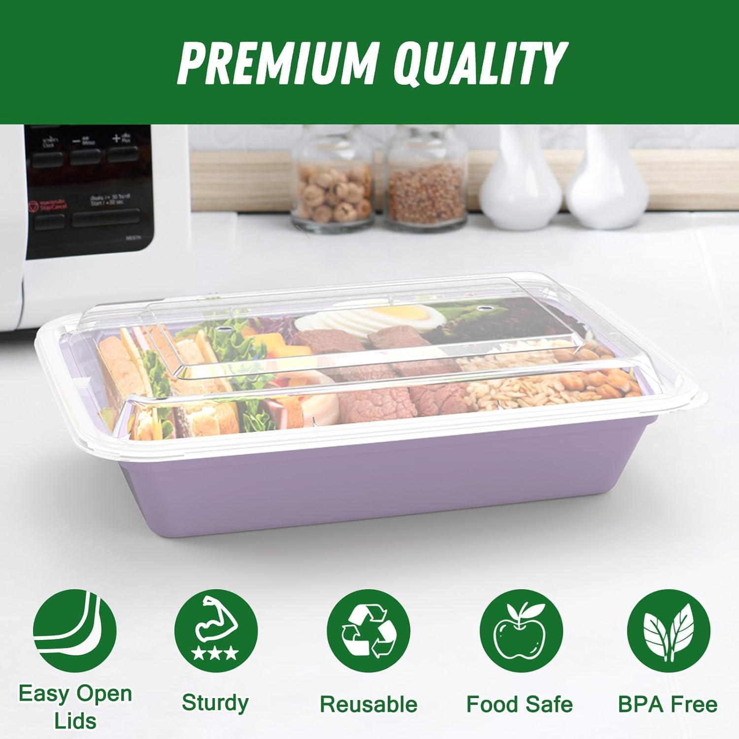 50 Pack (100-Piece) 32 oz Meal Prep Containers Reusable with Easy Open Lids, Sturdy Leakproof Food Safe, Microwave Freezer Dishwasher Safe, To Go Take Out Plastic Food Storage Pans with Lids, Black(Lilac)