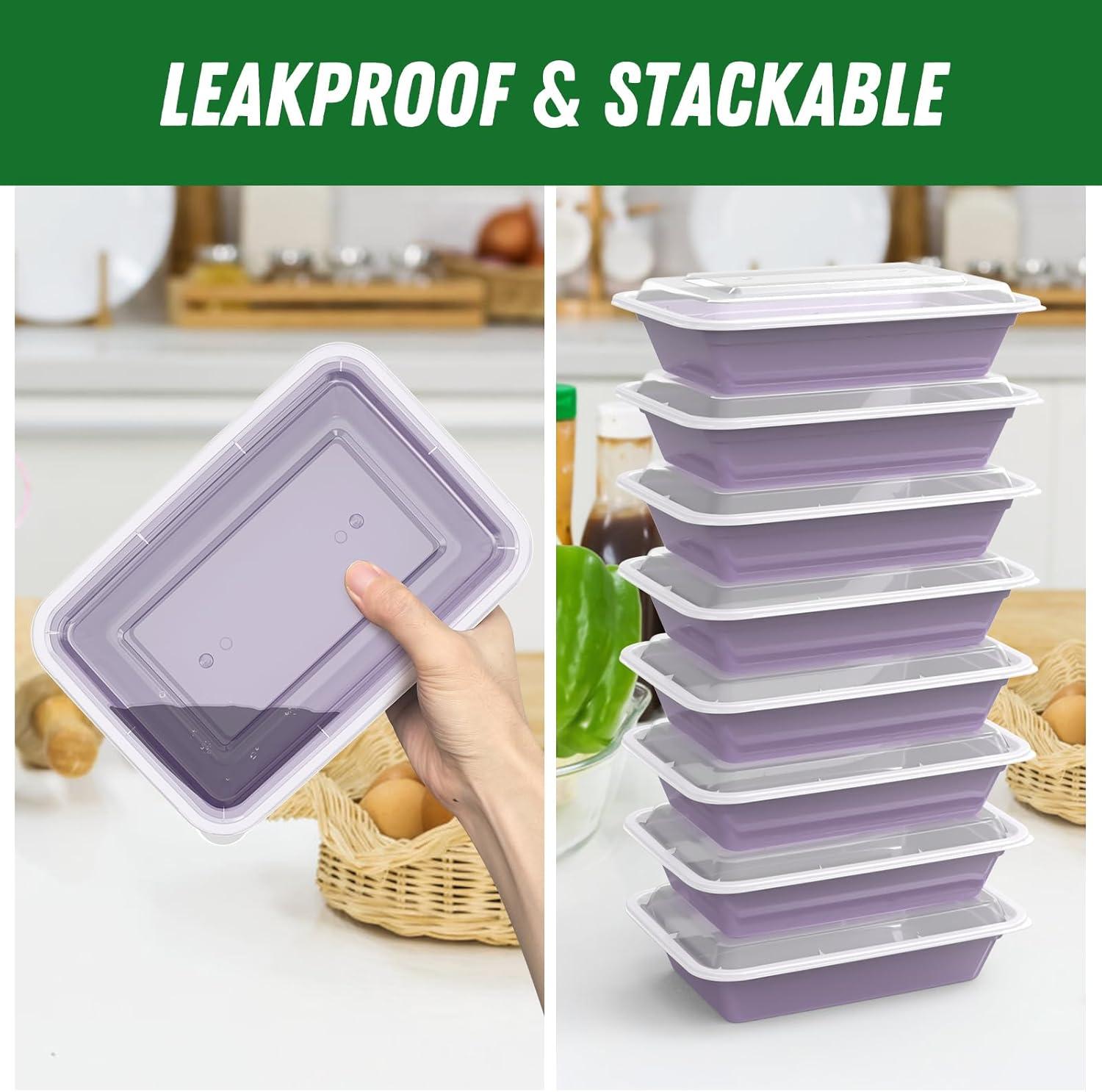 50 Pack (100-Piece) 32 oz Meal Prep Containers Reusable with Easy Open Lids, Sturdy Leakproof Food Safe, Microwave Freezer Dishwasher Safe, To Go Take Out Plastic Food Storage Pans with Lids, Black(Lilac)
