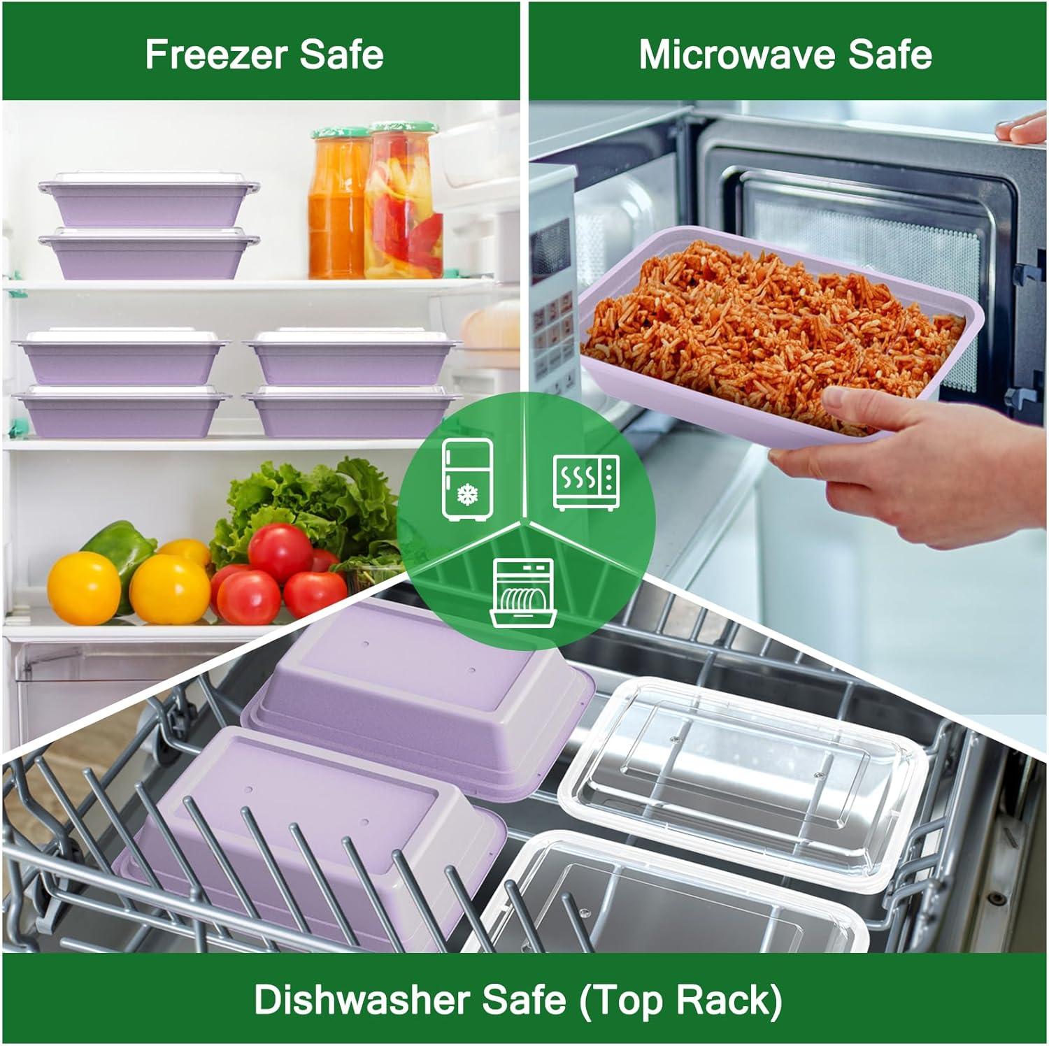 50 Pack (100-Piece) 32 oz Meal Prep Containers Reusable with Easy Open Lids, Sturdy Leakproof Food Safe, Microwave Freezer Dishwasher Safe, To Go Take Out Plastic Food Storage Pans with Lids, Black(Lilac)