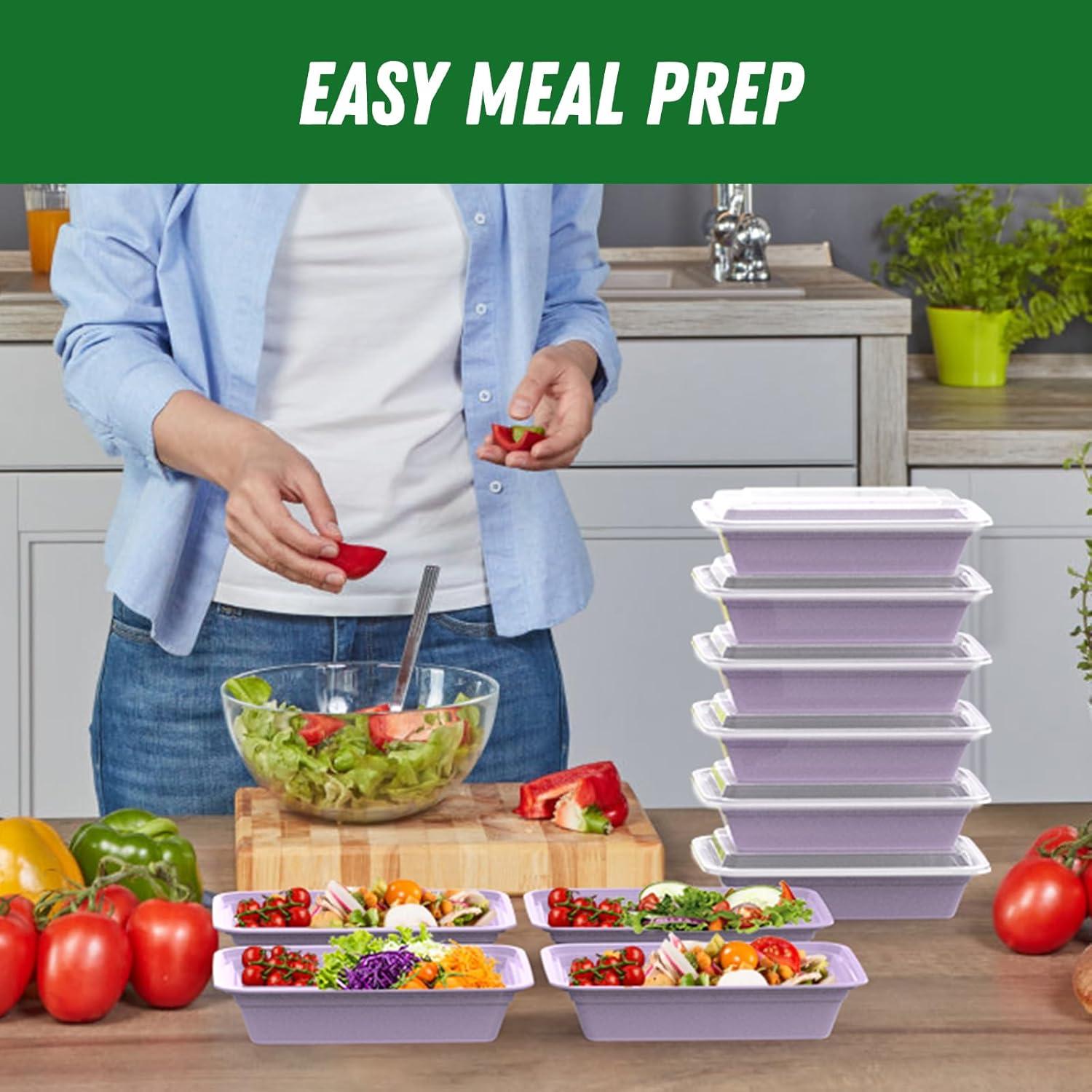 50 Pack (100-Piece) 32 oz Meal Prep Containers Reusable with Easy Open Lids, Sturdy Leakproof Food Safe, Microwave Freezer Dishwasher Safe, To Go Take Out Plastic Food Storage Pans with Lids, Black(Lilac)