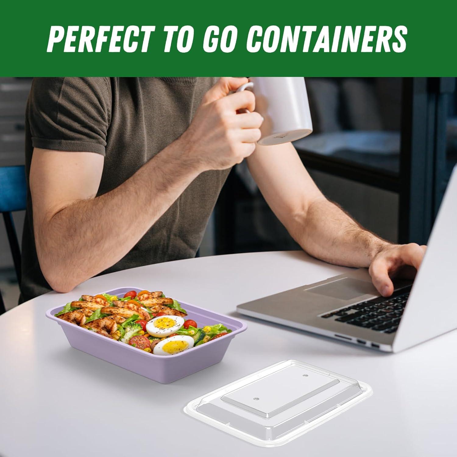 50 Pack (100-Piece) 32 oz Meal Prep Containers Reusable with Easy Open Lids, Sturdy Leakproof Food Safe, Microwave Freezer Dishwasher Safe, To Go Take Out Plastic Food Storage Pans with Lids, Black(Lilac)