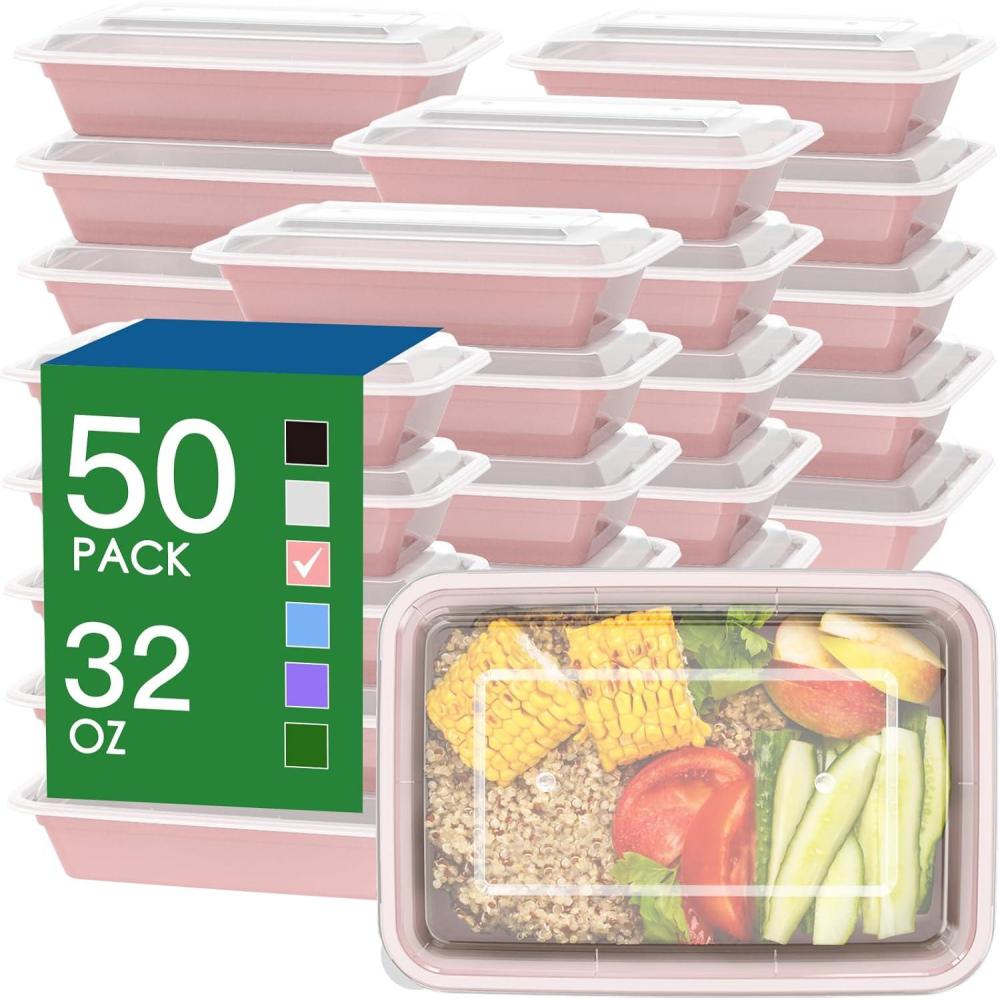 50 Pack (100-Piece) 32 oz Meal Prep Containers Reusable with Easy Open Lids, Sturdy Leakproof Food Safe, Microwave Freezer Dishwasher Safe, To Go Take Out Plastic Food Storage Pans with Lids, Black(Pink)