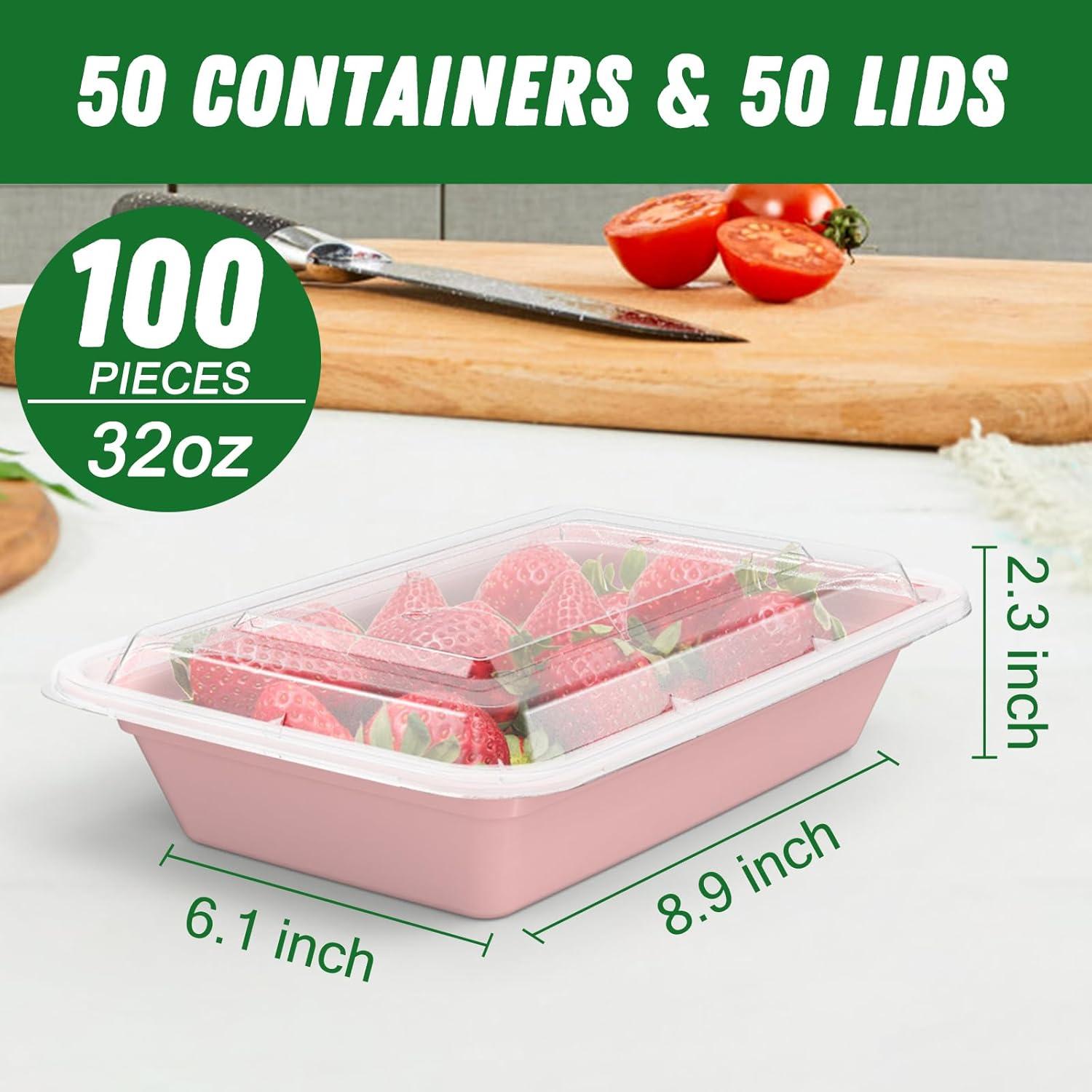 50 Pack (100-Piece) 32 oz Meal Prep Containers Reusable with Easy Open Lids, Sturdy Leakproof Food Safe, Microwave Freezer Dishwasher Safe, To Go Take Out Plastic Food Storage Pans with Lids, Black(Pink)