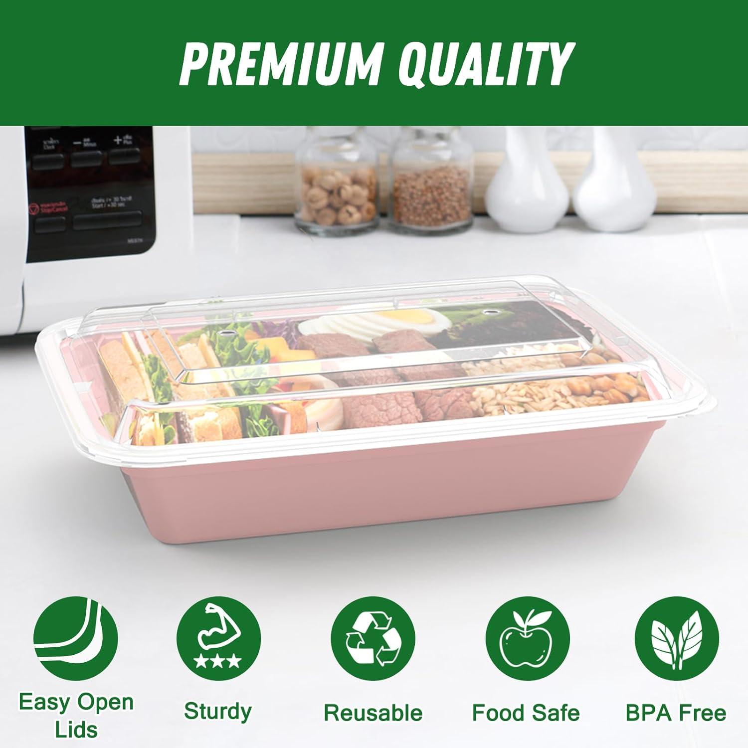 50 Pack (100-Piece) 32 oz Meal Prep Containers Reusable with Easy Open Lids, Sturdy Leakproof Food Safe, Microwave Freezer Dishwasher Safe, To Go Take Out Plastic Food Storage Pans with Lids, Black(Pink)