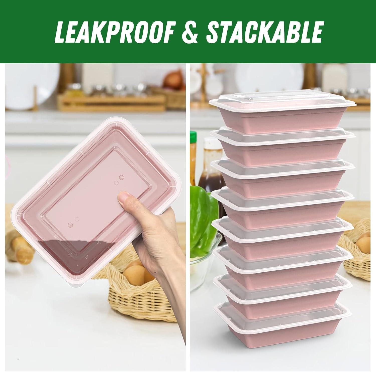 50 Pack (100-Piece) 32 oz Meal Prep Containers Reusable with Easy Open Lids, Sturdy Leakproof Food Safe, Microwave Freezer Dishwasher Safe, To Go Take Out Plastic Food Storage Pans with Lids, Black(Pink)