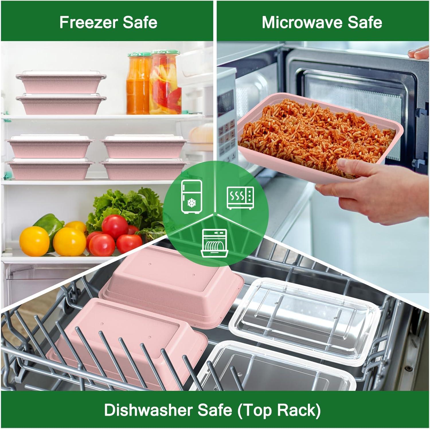 50 Pack (100-Piece) 32 oz Meal Prep Containers Reusable with Easy Open Lids, Sturdy Leakproof Food Safe, Microwave Freezer Dishwasher Safe, To Go Take Out Plastic Food Storage Pans with Lids, Black(Pink)