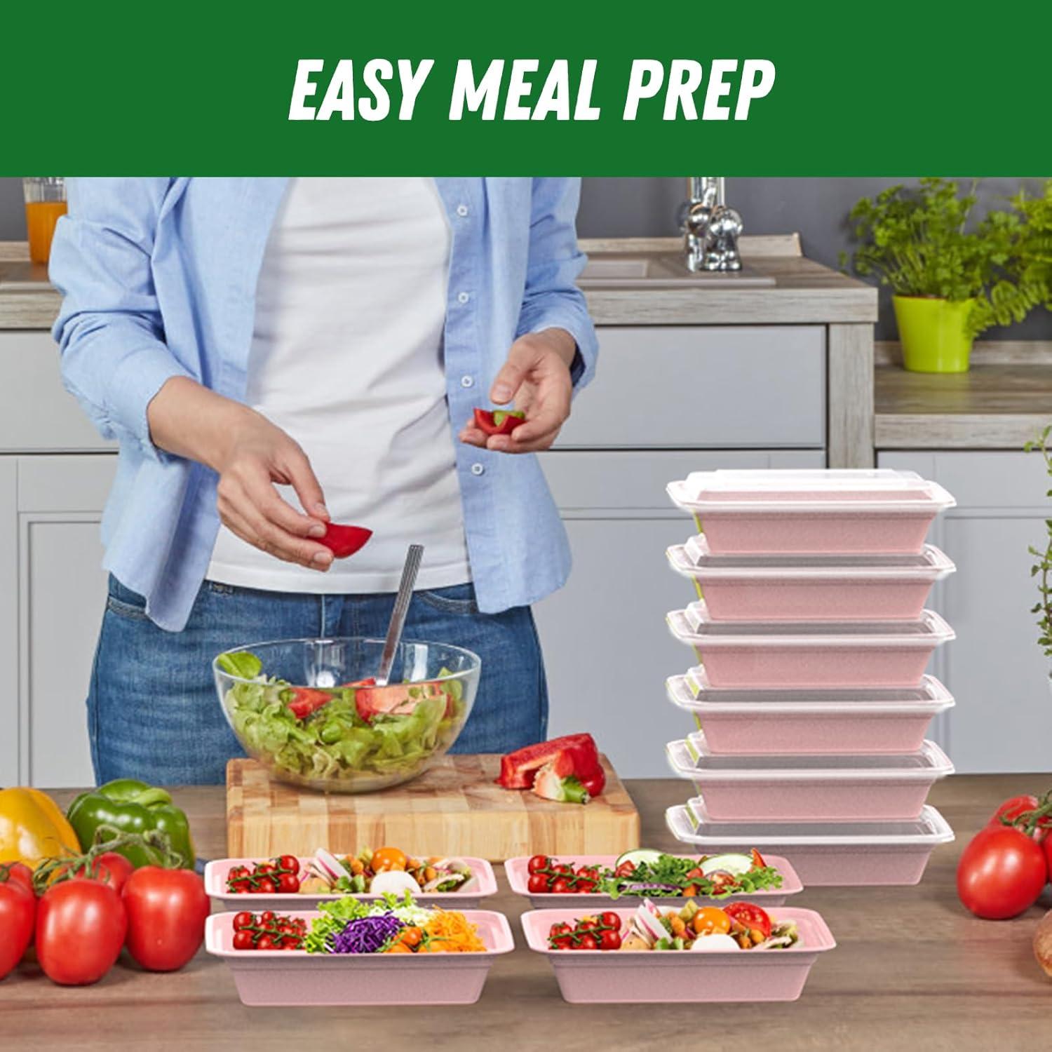 50 Pack (100-Piece) 32 oz Meal Prep Containers Reusable with Easy Open Lids, Sturdy Leakproof Food Safe, Microwave Freezer Dishwasher Safe, To Go Take Out Plastic Food Storage Pans with Lids, Black(Pink)