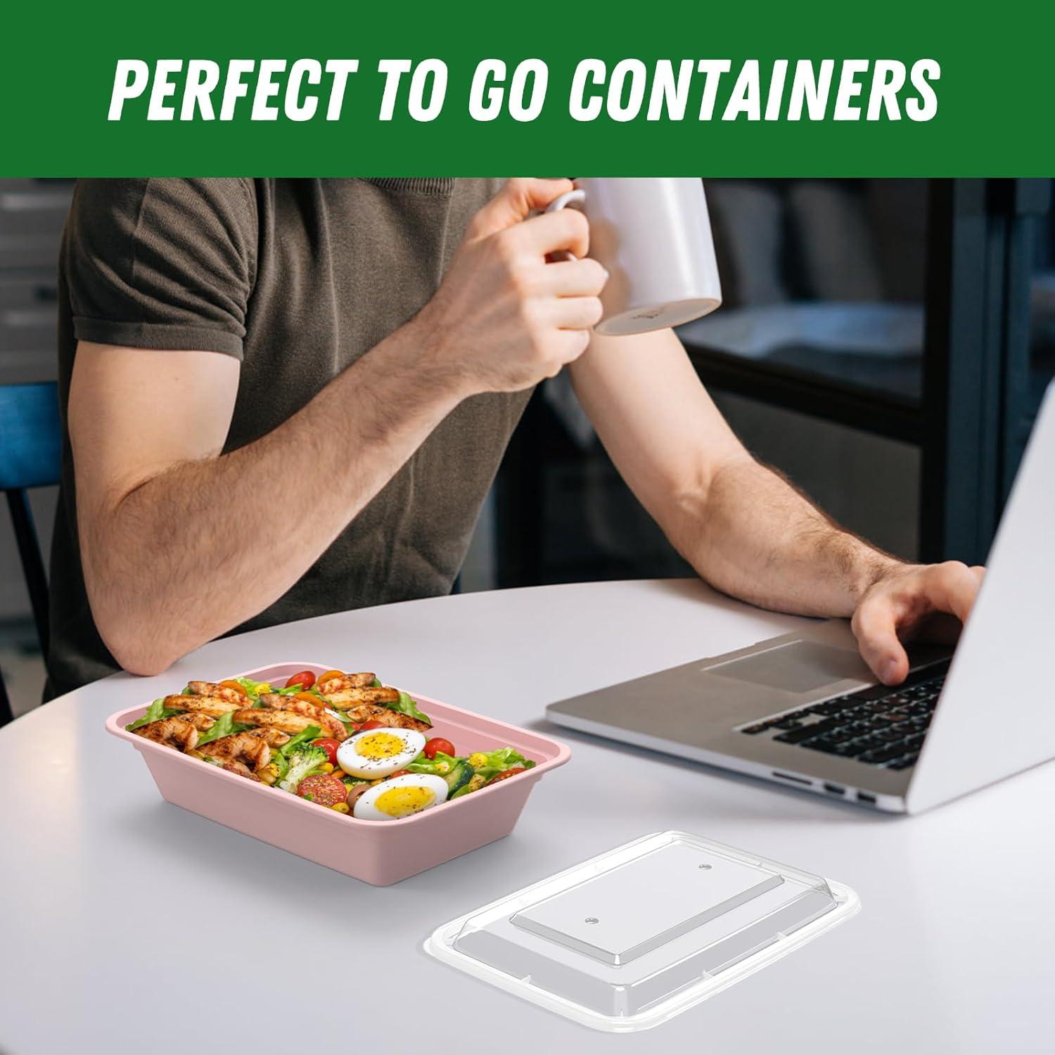 50 Pack (100-Piece) 32 oz Meal Prep Containers Reusable with Easy Open Lids, Sturdy Leakproof Food Safe, Microwave Freezer Dishwasher Safe, To Go Take Out Plastic Food Storage Pans with Lids, Black(Pink)