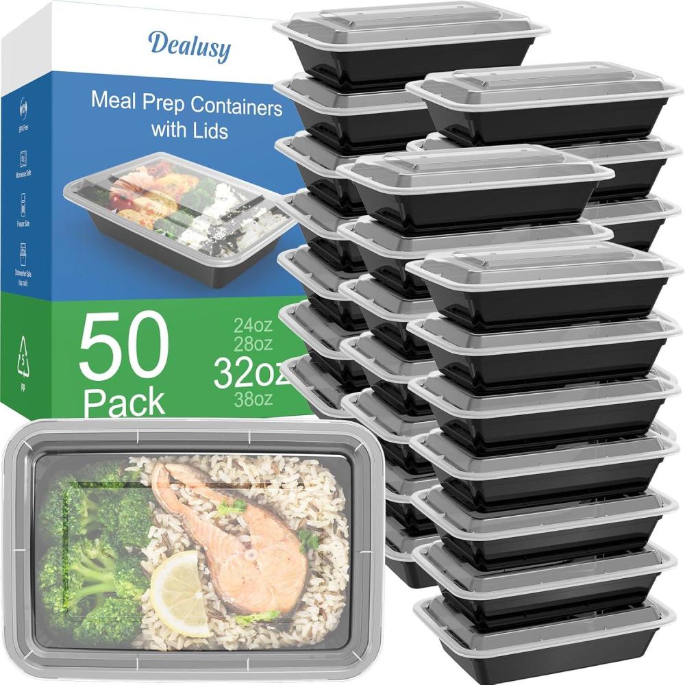 50 Pack (100-Piece) 32 oz Meal Prep Containers Reusable with Lids, Sturdy Leakproof & Food Safe, Microwave, Freezer, Dishwasher Safe Prep Containers, To Go Take Out Plastic Food Storage(32 oz)
