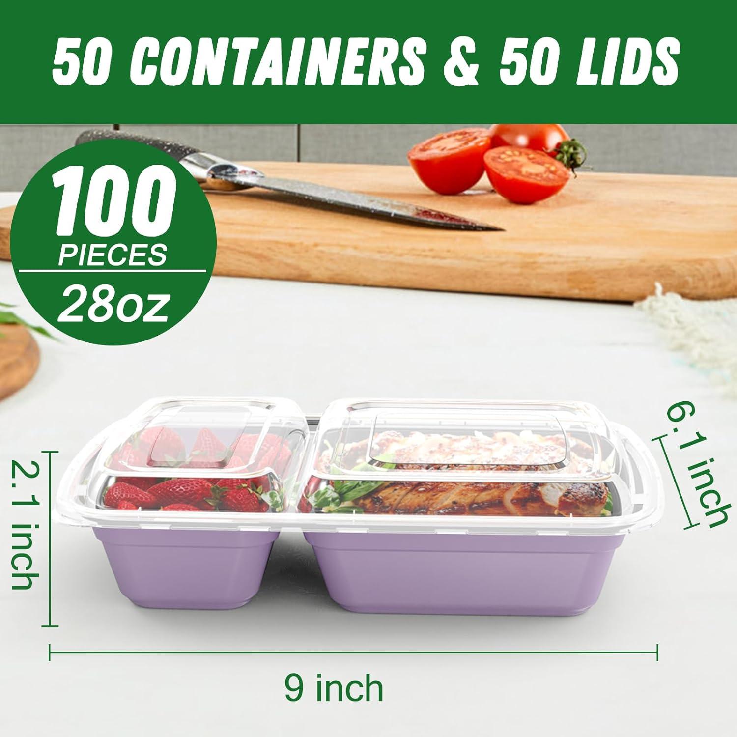 50 Pack (100-Piece) 28 oz Meal Prep Containers Reusable with Lids 2-Compartment, Sturdy Leakproof Food Safe, Microwave Freezer Dishwasher Safe, To Go Take Out Plastic Food Storage, Black(Lilac)