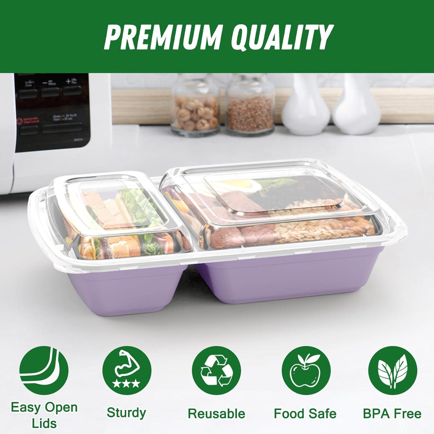 50 Pack (100-Piece) 28 oz Meal Prep Containers Reusable with Lids 2-Compartment, Sturdy Leakproof Food Safe, Microwave Freezer Dishwasher Safe, To Go Take Out Plastic Food Storage, Black(Lilac)