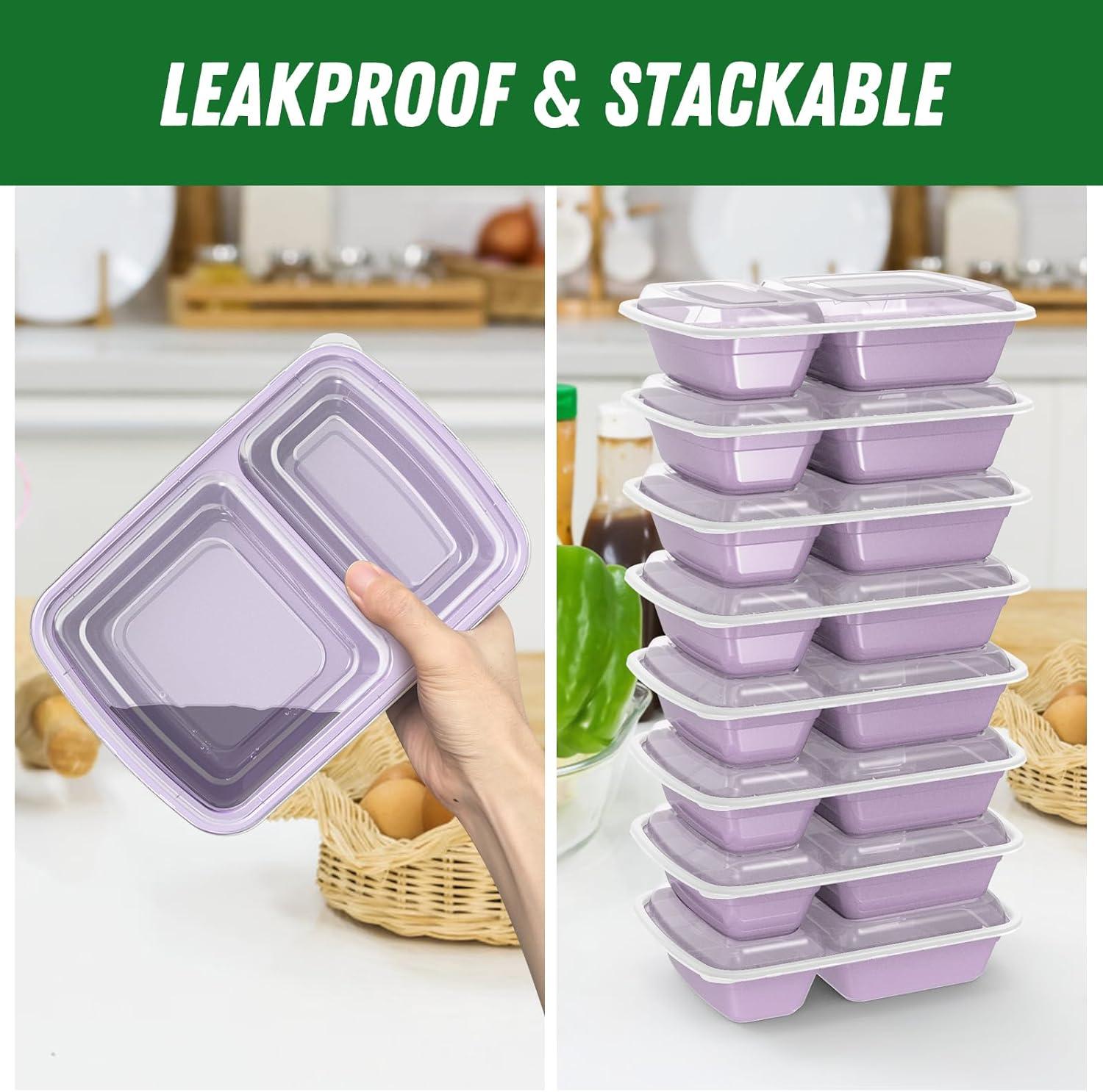 50 Pack (100-Piece) 28 oz Meal Prep Containers Reusable with Lids 2-Compartment, Sturdy Leakproof Food Safe, Microwave Freezer Dishwasher Safe, To Go Take Out Plastic Food Storage, Black(Lilac)