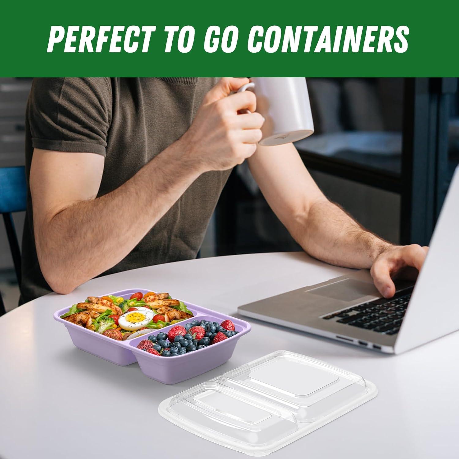 50 Pack (100-Piece) 28 oz Meal Prep Containers Reusable with Lids 2-Compartment, Sturdy Leakproof Food Safe, Microwave Freezer Dishwasher Safe, To Go Take Out Plastic Food Storage, Black(Lilac)