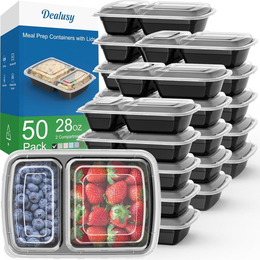 50 Pack (100-Piece) 28 oz Meal Prep Containers Reusable with Lids 2-Compartment, Sturdy Leakproof Food Safe, Microwave Freezer Dishwasher Safe, To Go Take Out Plastic Food Storage, Black(Black)