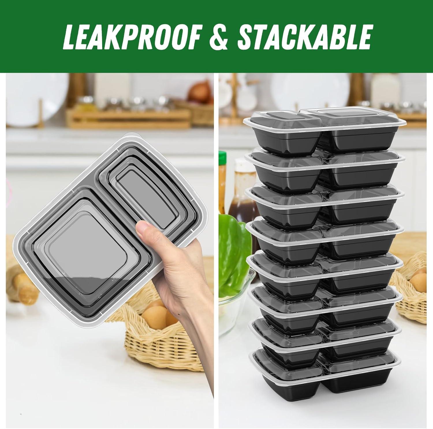 50 Pack (100-Piece) 28 oz Meal Prep Containers Reusable with Lids 2-Compartment, Sturdy Leakproof Food Safe, Microwave Freezer Dishwasher Safe, To Go Take Out Plastic Food Storage, Black(Black)