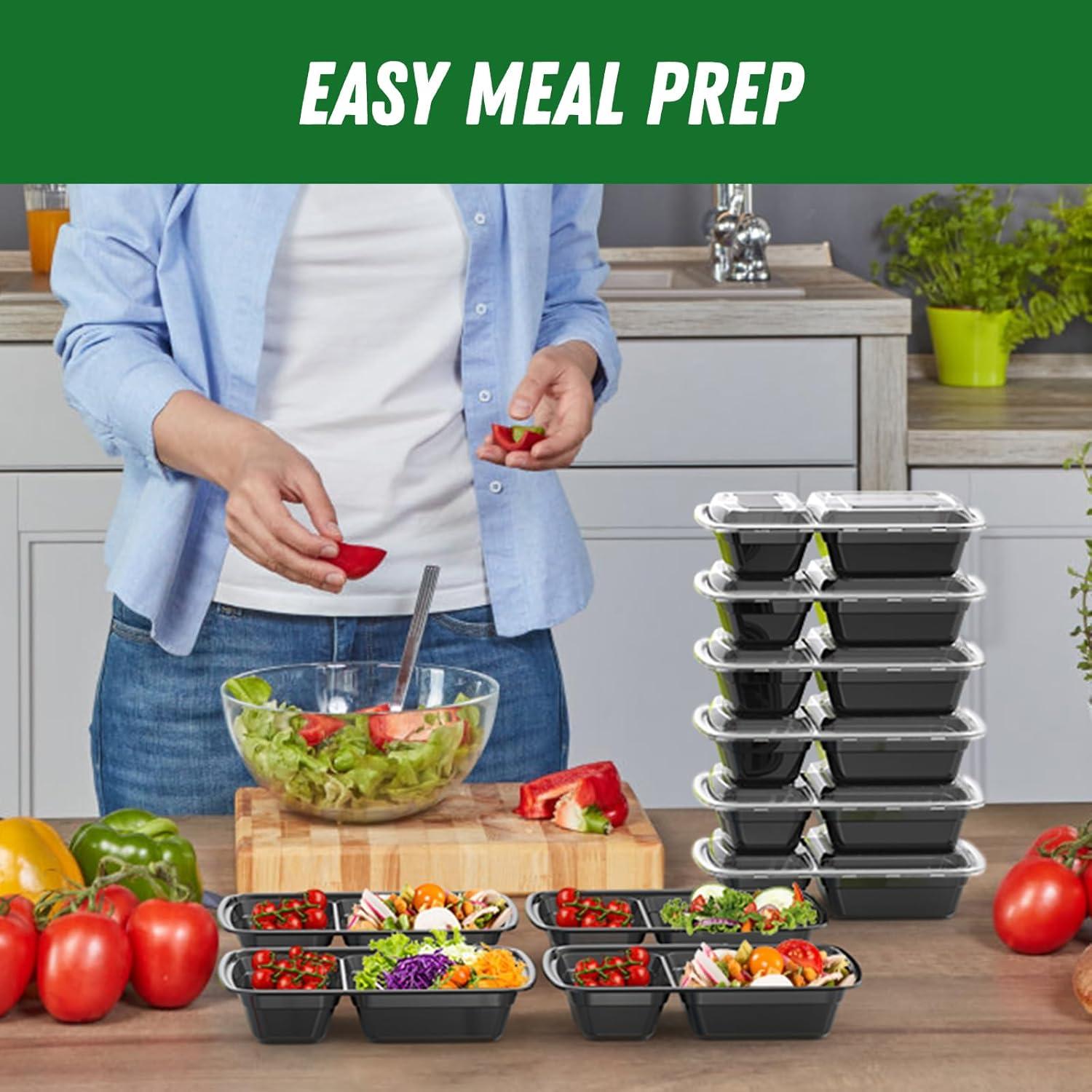 50 Pack (100-Piece) 28 oz Meal Prep Containers Reusable with Lids 2-Compartment, Sturdy Leakproof Food Safe, Microwave Freezer Dishwasher Safe, To Go Take Out Plastic Food Storage, Black(Black)