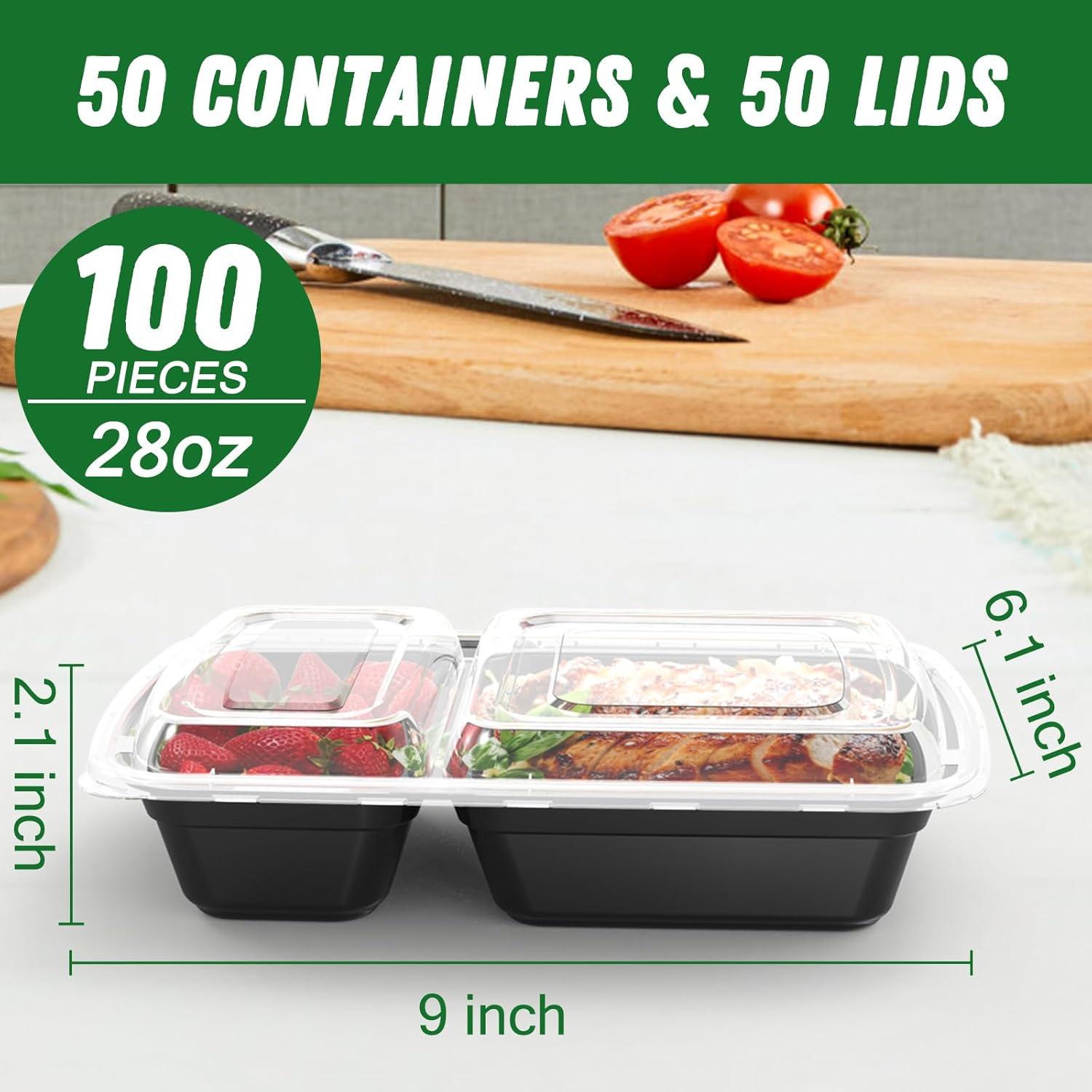 50 Pack (100-Piece) 28 oz Meal Prep Containers Reusable with Lids 2-Compartment, Sturdy Leakproof Food Safe, Microwave Freezer Dishwasher Safe, To Go Take Out Plastic Food Storage, Lilac(Black)