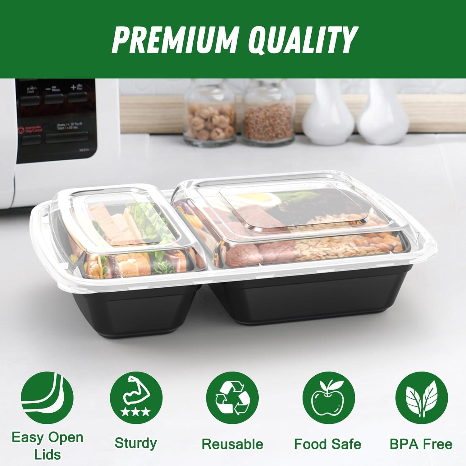 50 Pack (100-Piece) 28 oz Meal Prep Containers Reusable with Lids 2-Compartment, Sturdy Leakproof Food Safe, Microwave Freezer Dishwasher Safe, To Go Take Out Plastic Food Storage, Lilac(Black)