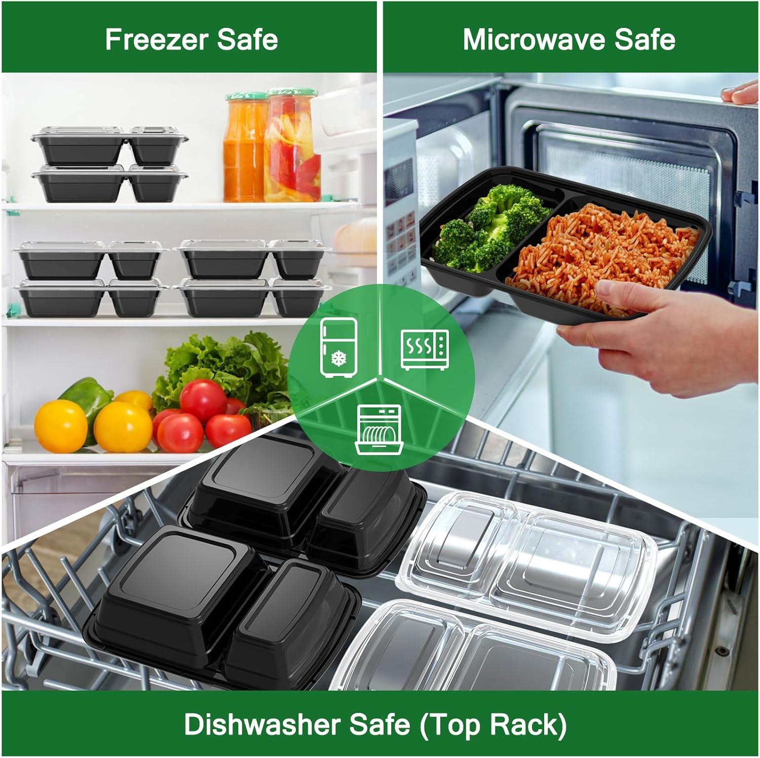 50 Pack (100-Piece) 28 oz Meal Prep Containers Reusable with Lids 2-Compartment, Sturdy Leakproof Food Safe, Microwave Freezer Dishwasher Safe, To Go Take Out Plastic Food Storage, Lilac(Black)