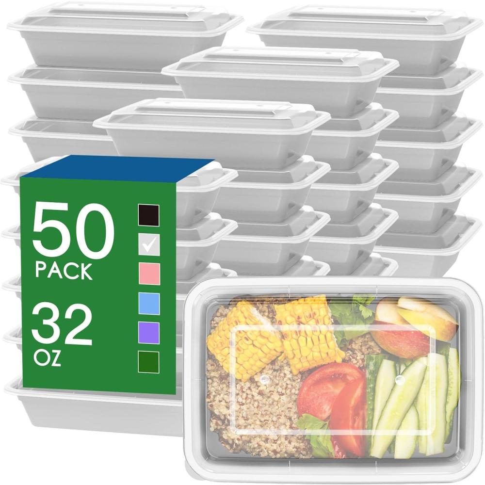 50 Pack (100-Piece) 32 oz Meal Prep Containers Reusable with Easy Open Lids, Sturdy Leakproof Food Safe, Microwave Freezer Dishwasher Safe, To Go Take Out Plastic Food Storage Pans with Lids, Black(Silver)