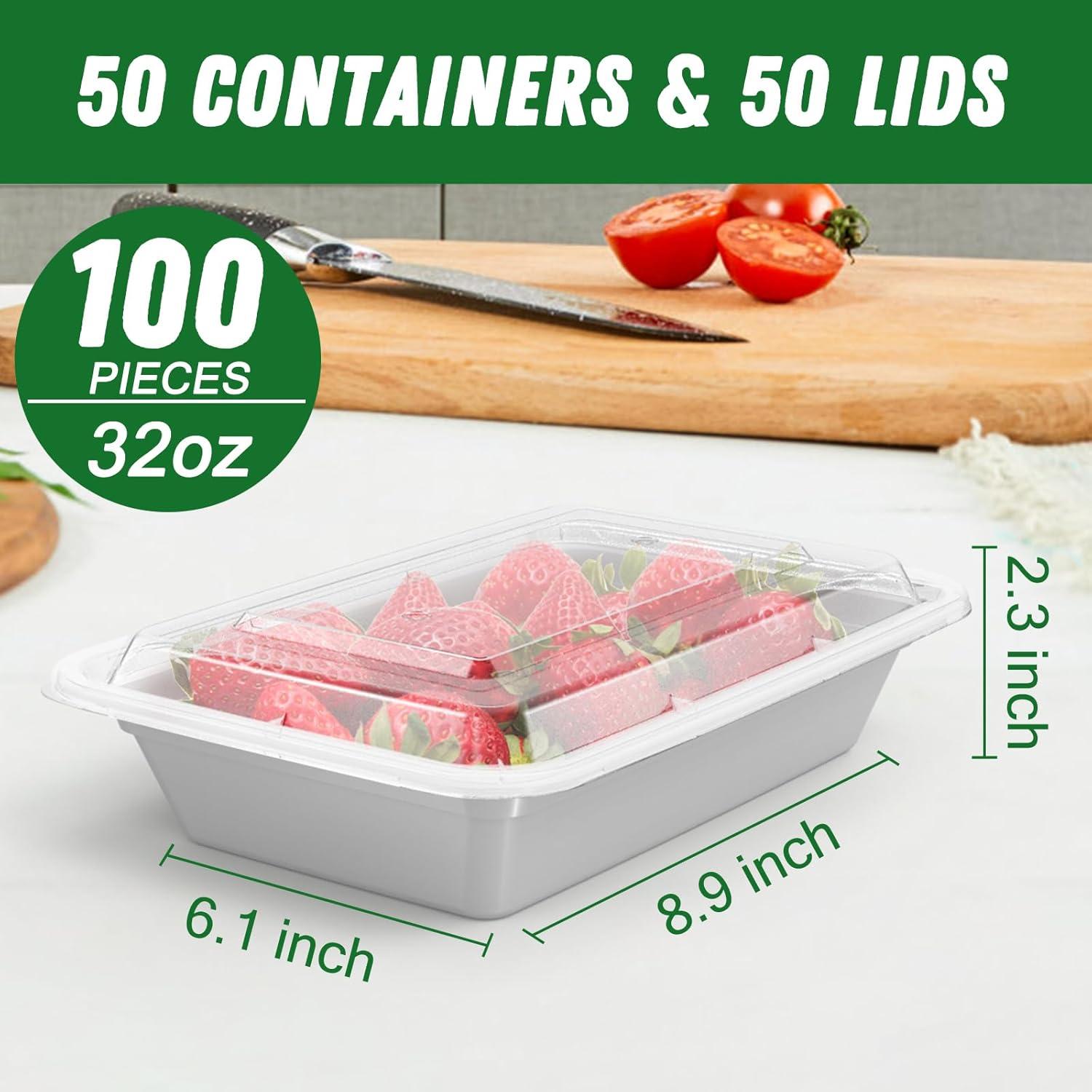 50 Pack (100-Piece) 32 oz Meal Prep Containers Reusable with Easy Open Lids, Sturdy Leakproof Food Safe, Microwave Freezer Dishwasher Safe, To Go Take Out Plastic Food Storage Pans with Lids, Black(Silver)