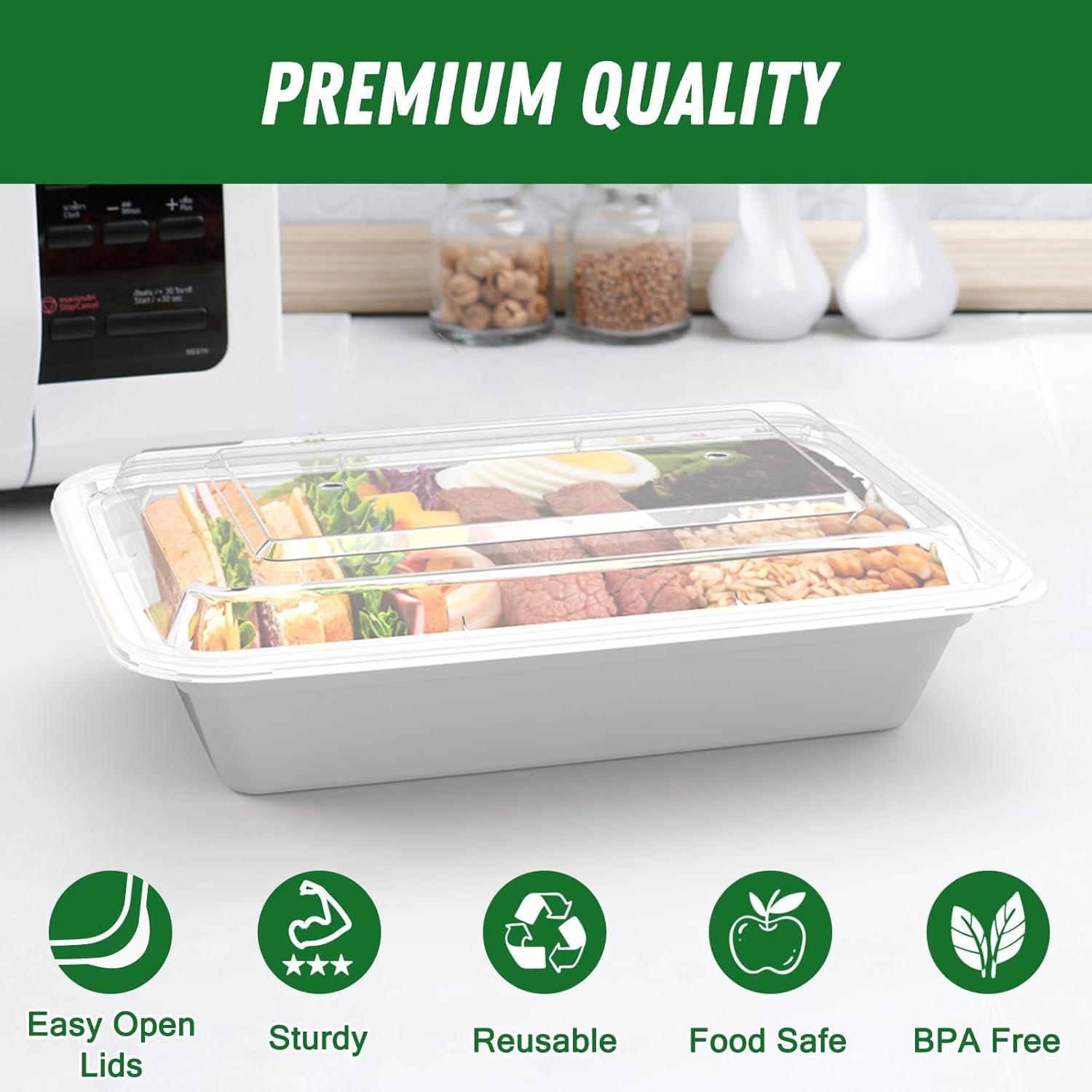 50 Pack (100-Piece) 32 oz Meal Prep Containers Reusable with Easy Open Lids, Sturdy Leakproof Food Safe, Microwave Freezer Dishwasher Safe, To Go Take Out Plastic Food Storage Pans with Lids, Black(Silver)